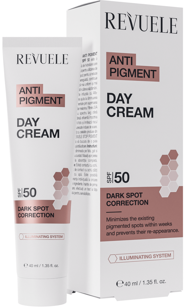 REVUELE ANTI PIGMENT DAY CREAM SPF 50, 40 ml كريم وجه نهاري ب  ألفا أربوتين مضاد للتصبغات يحتوي على واقي شمس