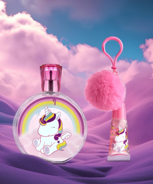 ⁦Zip Case with EDT 100 ml & Lip Gloss with Pompom Charm حقيبة ظهر يونيكورن⁩ - الصورة ⁦2⁩