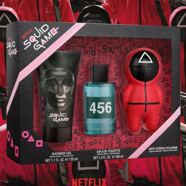 Squid Game Gift Set Eau de Toilette 100 ml , anti stress figurine & shower gel سيت هديه ثيم لعبة سكواد