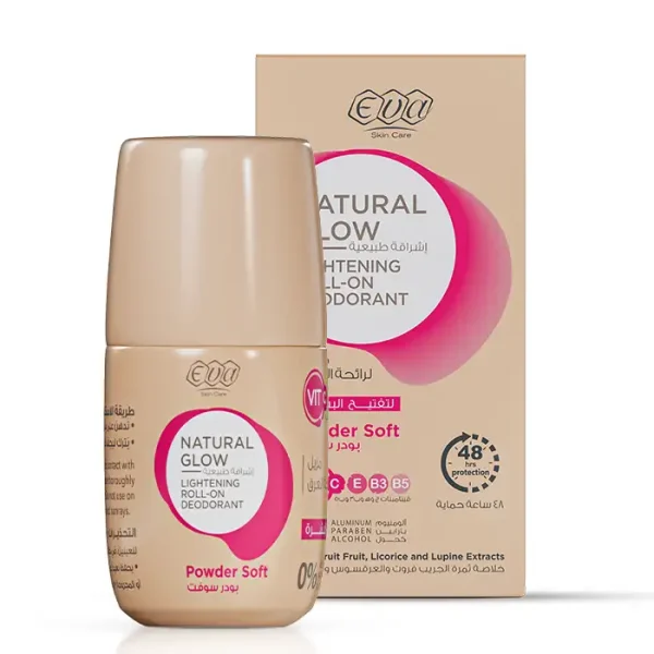 Eva Skin Care Natural Glow Lightening Roll On Deodorant - Powder Soft 60 Gm | مزيل عرق رول أون من إيفا سكين كير ناتشرال جلو باودر سوفت 60 جم