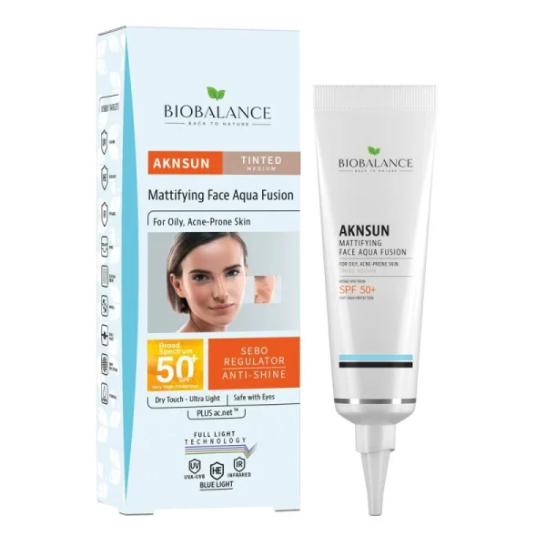 Bio Balance Aknsun Medium Tinted Mattifying Aqua Fusion SPF 50 Dry Touch - 40ml |بايو بالانس واقي شمسي للبشرة الدهنية بعامل حماية 50 مع لون - 40 مل
