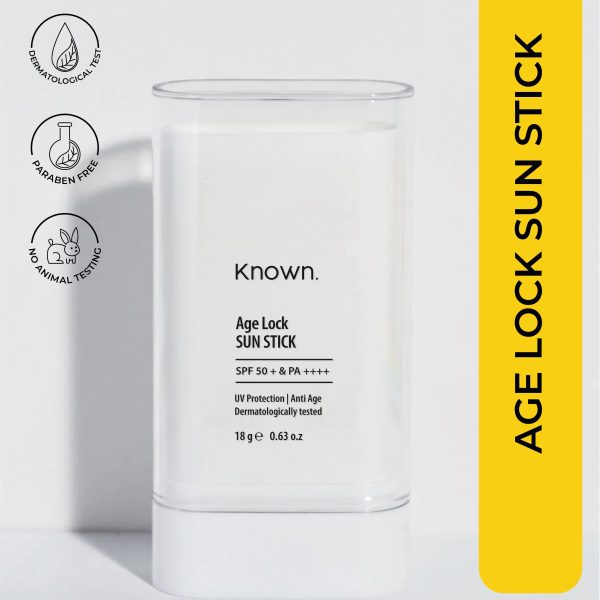 Known Age Lock Stick Sunscreen 50+ SPF Anti Aging Matte Finish   18g | واقي شمسي من Age Lock Stick بعامل حماية من الشمس ٥٠+ مضاد للشيخوخة لمسة نهائية غير لامعة   18 غرام