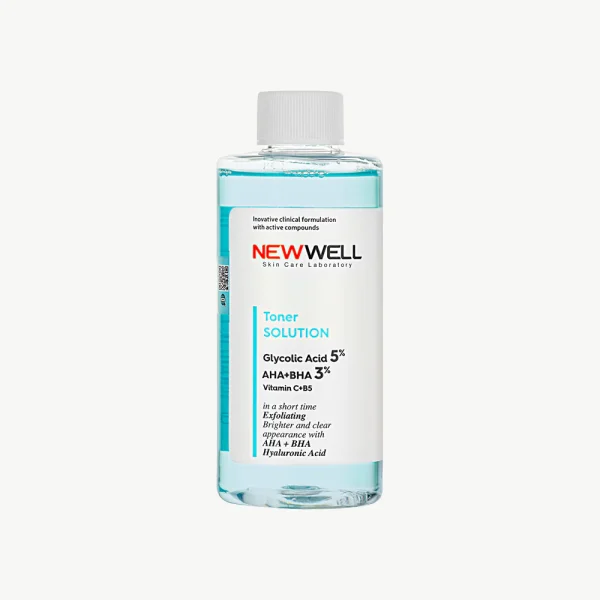 NEW WELL Toner Solution Glycolic Acid 5% AHA+Bha3%   200ml | نيو ويل تونرالمقشر بحمض الجليكوليك AHA 5% وBHA 3% لتجديد البشرة وتنقية المسام   200 مل