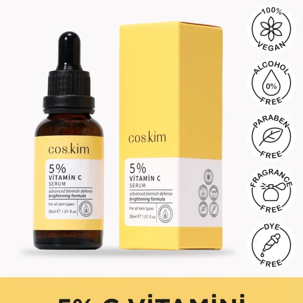 Coskim 5% Vitamin C Spot Removing and Brightening, Antioxidant Skin Care Serum   30ml | كوسكيم سيروم مضاد للأكسدة فيتامين سي 5% للعناية بالبشرة لإزالة البقع وتفتيح البشرة   30 مل